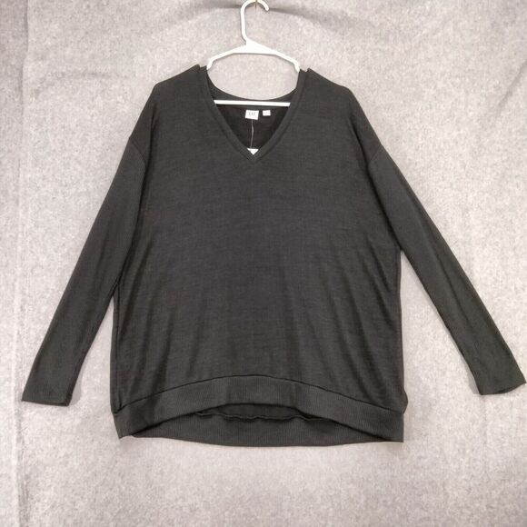 GAP Pullover Sweater Womens Size PL NEW! Black V-Neck Tight Knit Stretch Solid - Picture 1 of 12